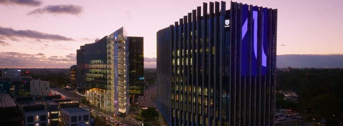 University buildings at sunset